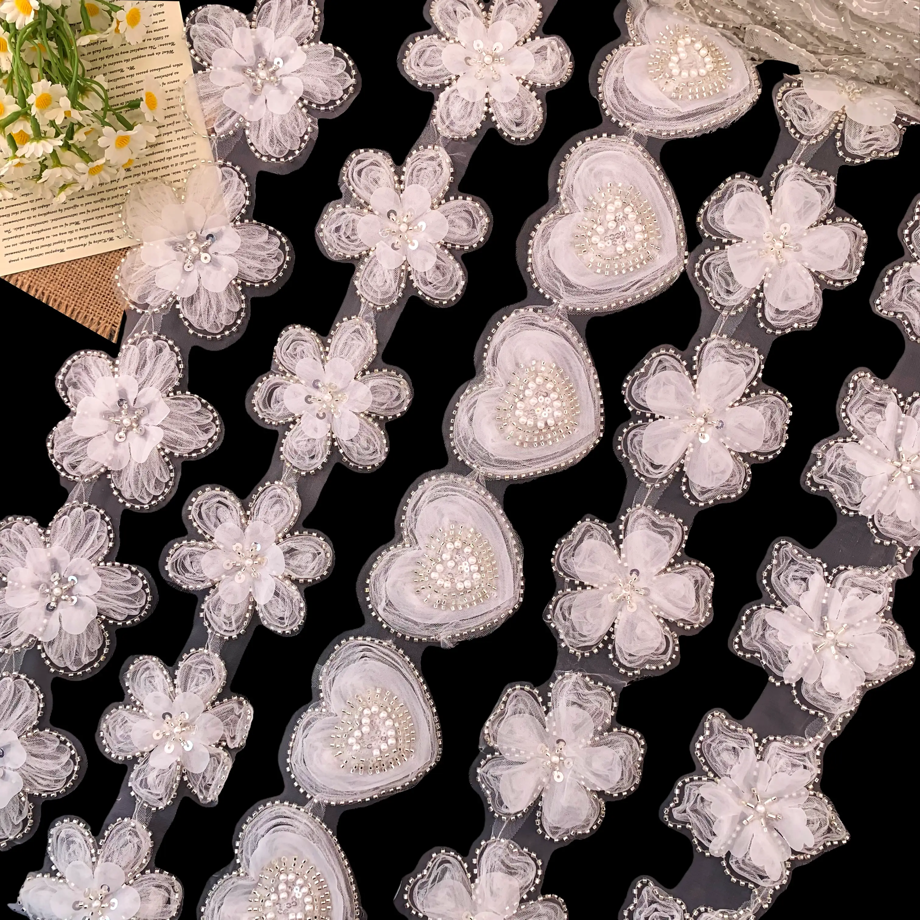 3D Bead Heart Flower Trim
