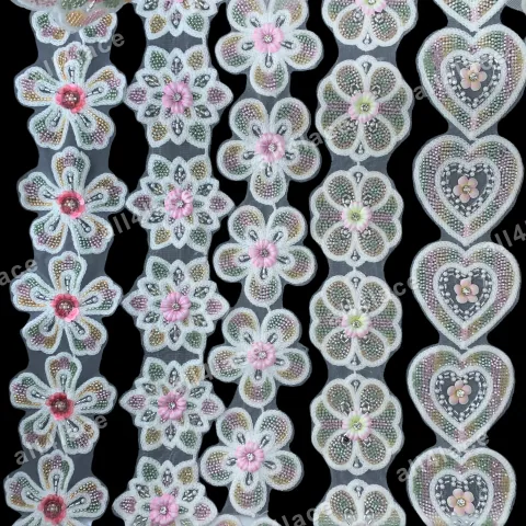 Mixed Towel Sequin Floral Heart Trim White on Black