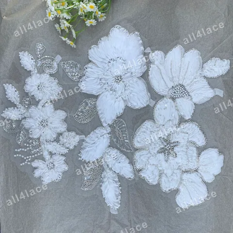 White 3D Bead Flower Applique Set