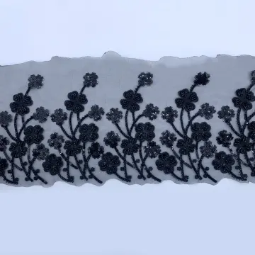 Black Branch Blossom Mesh Border — Photographed decorative trim sample; verify colour and construction with a physical sample