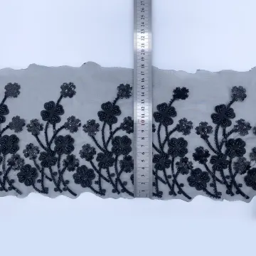 Black Branch Blossom Mesh Border — Photographed sample with a ruler for reference; request confirmed finished dimensions before ordering
