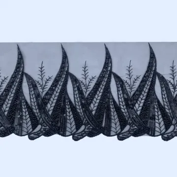 Galon de tulle noir à pointes feuillues — Échantillon photographié de galon décoratif ; vérifier couleur et construction sur un échantillon réel