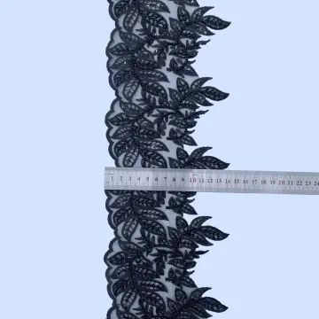 Black Leafy Scroll Mesh Trim — Photographed sample with a ruler for reference; request confirmed finished dimensions before ordering