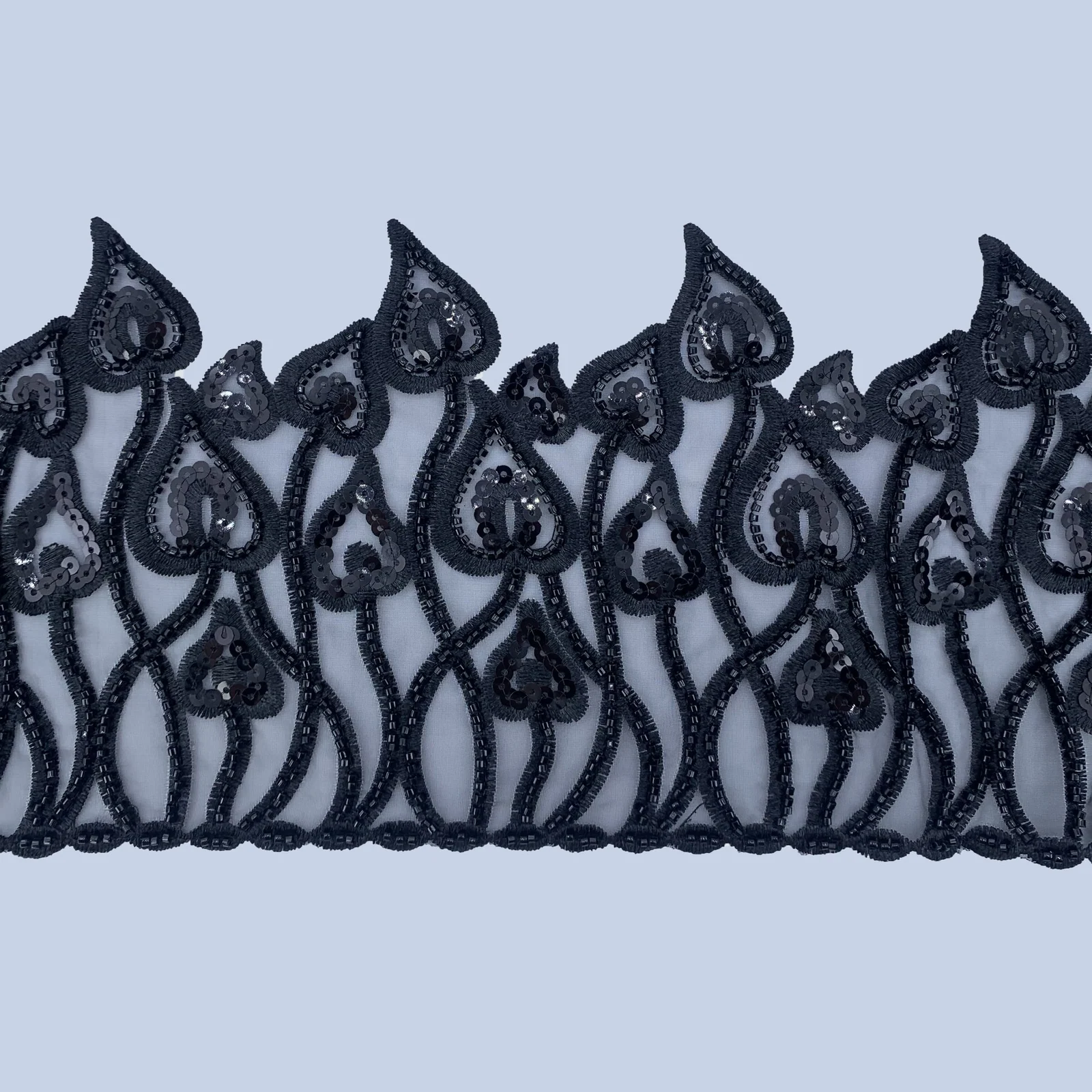 Black Looped Paisley Mesh Trim — Photographed decorative trim sample; verify colour and construction with a physical sample