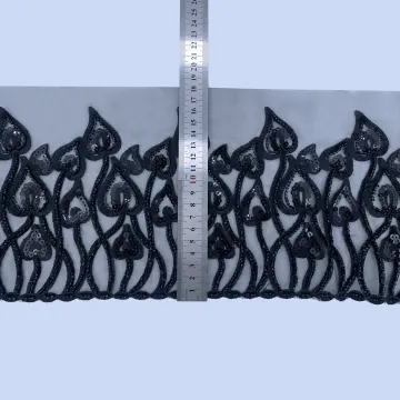 Black Looped Paisley Mesh Trim — Photographed sample with a ruler for reference; request confirmed finished dimensions before ordering