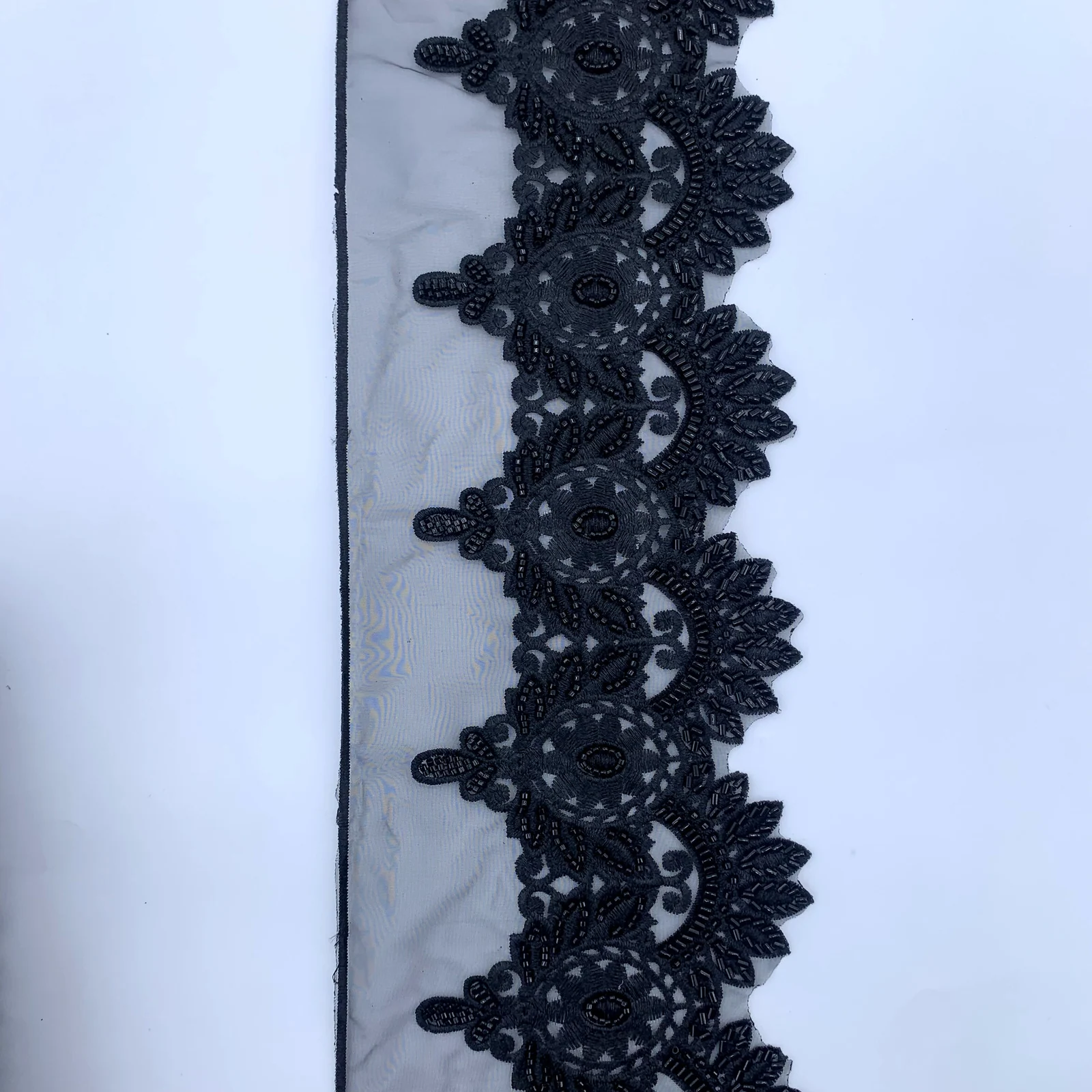 Black Rosette Scallop Mesh Trim — Photographed decorative trim sample; verify colour and construction with a physical sample