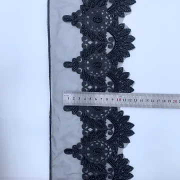 Black Rosette Scallop Mesh Trim — Photographed sample with a ruler for reference; request confirmed finished dimensions before ordering