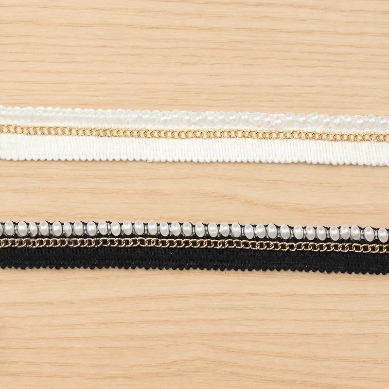 Black and White Beadline Chain Trim — Photographed decorative trim sample; verify colour and construction with a physical sample