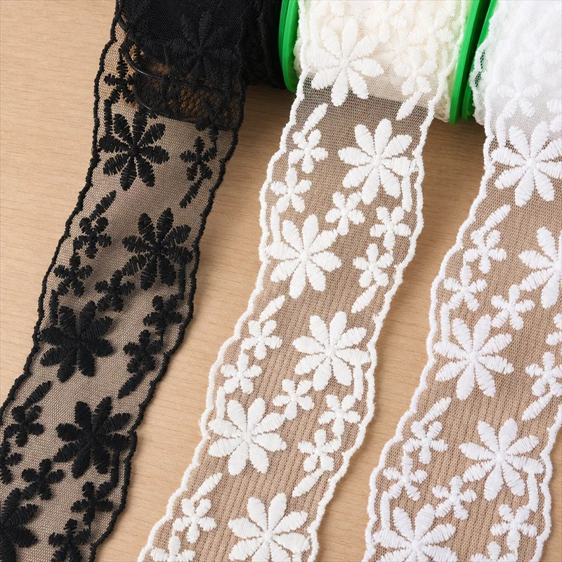 Black and White Daisy Mesh Border — Photographed decorative trim sample; verify colour and construction with a physical sample