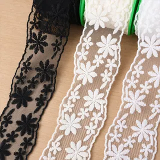 Black and White Daisy Mesh Border — Photographed decorative trim sample; verify colour and construction with a physical sample