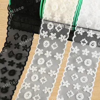 Black and white diamond-set flowers mesh trim