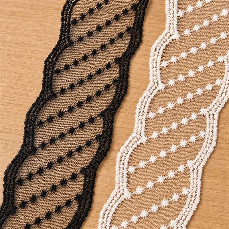Black and White Star Dot Mesh Trim — Photographed decorative trim sample; verify colour and construction with a physical sample