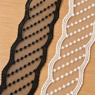 Black and White Star Dot Mesh Trim — Photographed decorative trim sample; verify colour and construction with a physical sample