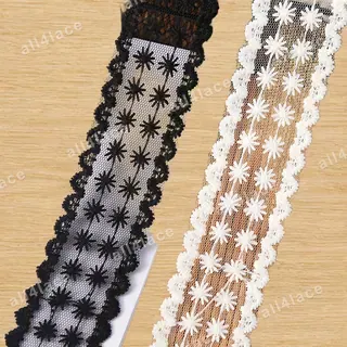 Black and white star flowers mesh trim
