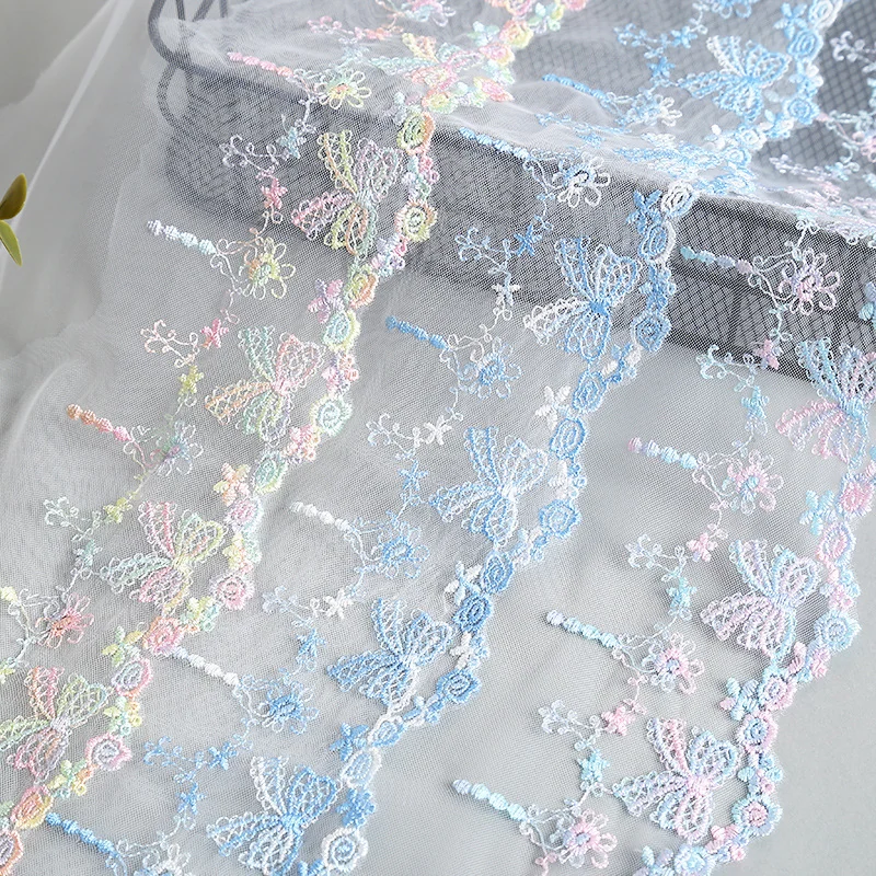 Blue and Pastel Floral Mesh Border — Photographed decorative trim sample; verify colour and construction with a physical sample