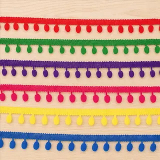 Bright Pom-Drop Ribbon Trim — Photographed decorative trim sample; verify colour and construction with a physical sample