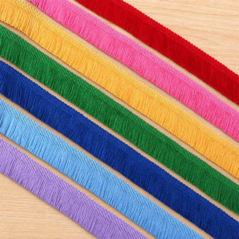 Bright Solid Colour Long Fringe Trim — Photographed decorative trim sample; verify colour and construction with a physical sample