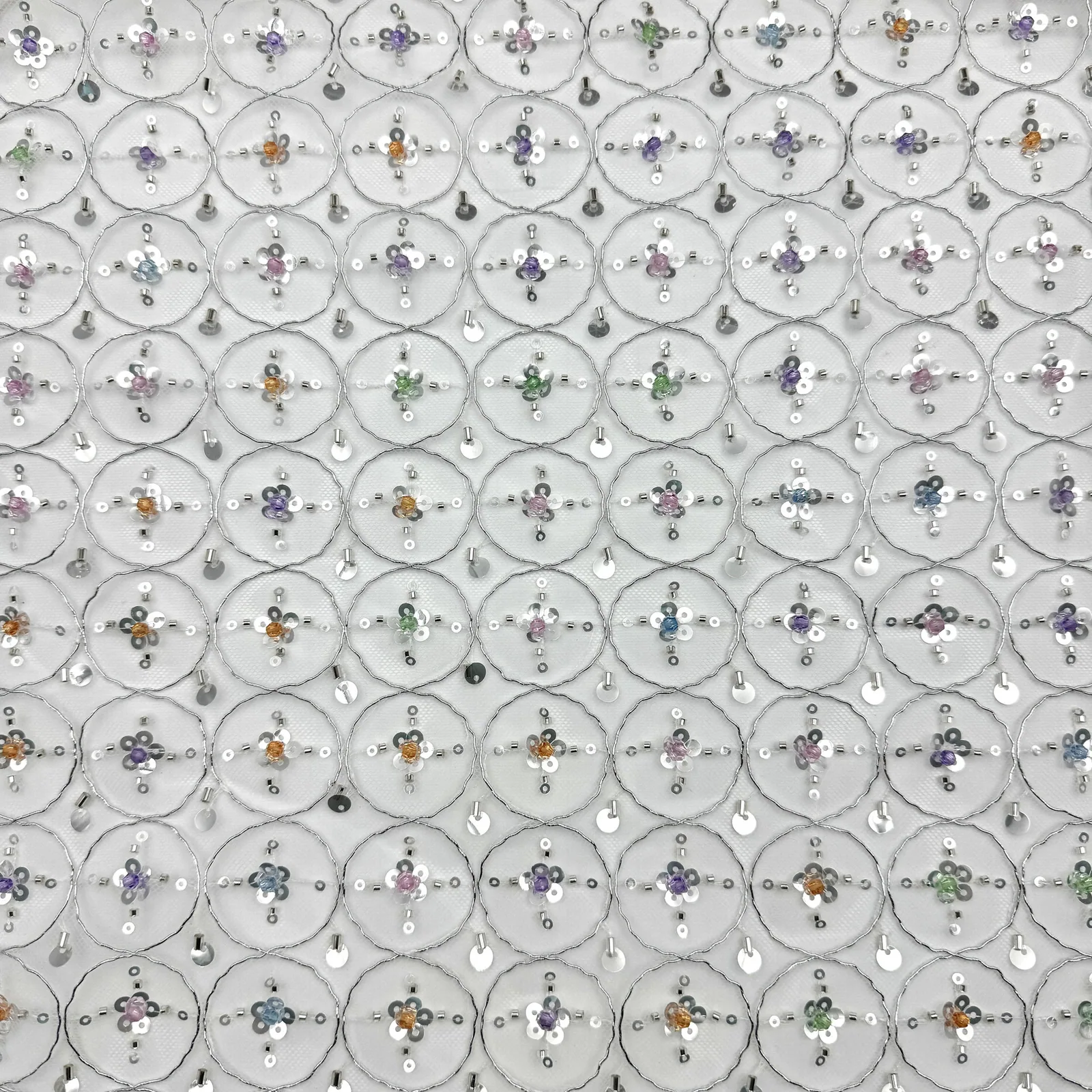 Circular Floral Diamond Mesh Fabric — Overall sample and pattern view