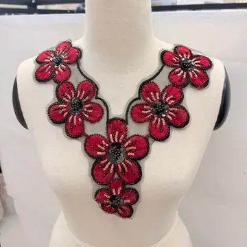 Colourful Floral Neckline Panel — Neckline panel placed on a dress form; not a finished garment