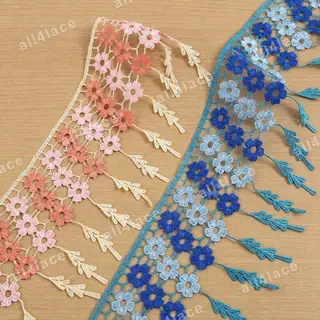 Coral and Blue Floral Fringe Mesh Border