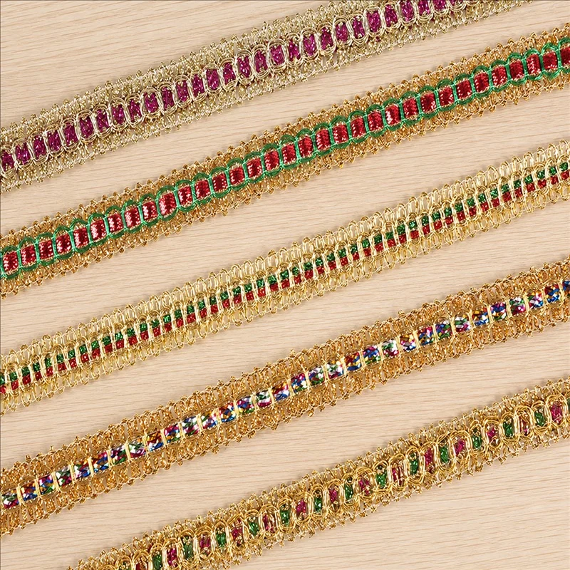Gold Multicolour Rectangular Accent Trim — Photographed decorative trim sample; verify colour and construction with a physical sample