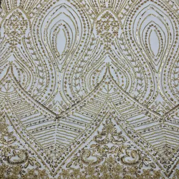 Gold Ornamental Sequin Mesh Fabric — Overall sample and pattern view