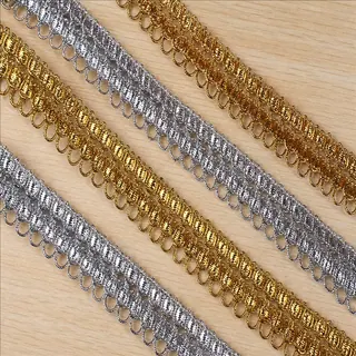 Gold and Silver Loop Drop Metallic Trim — Photographed decorative trim sample; verify colour and construction with a physical sample