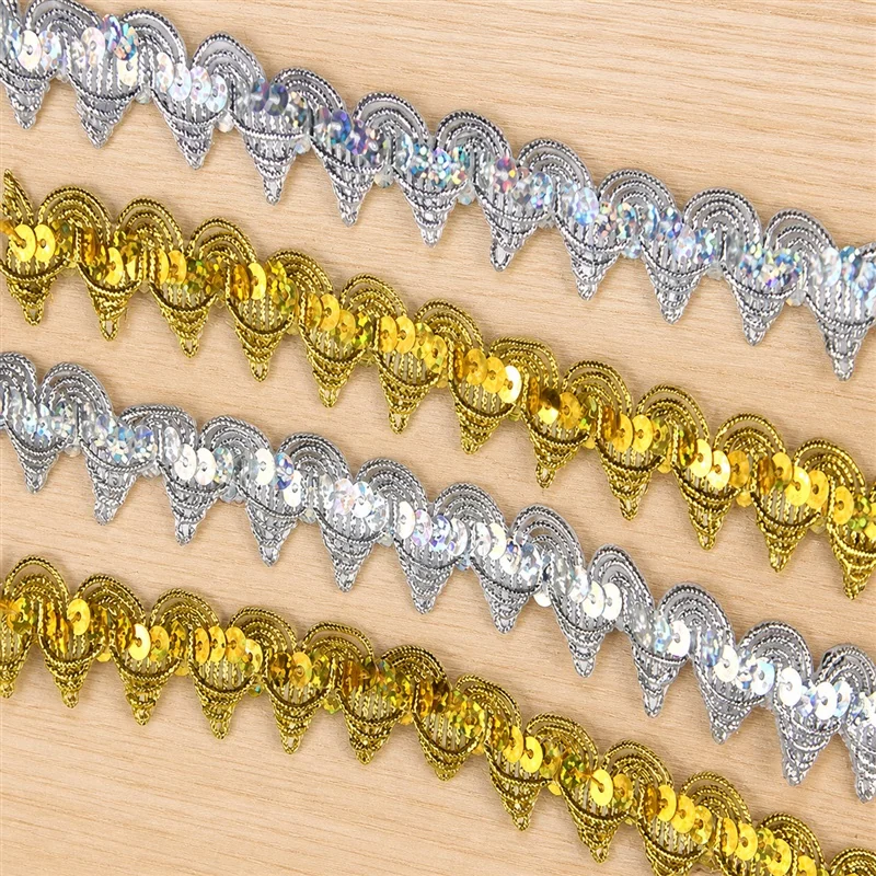 Gold and Silver Pointed Sequin Loop Trim — Photographed decorative trim sample; verify colour and construction with a physical sample