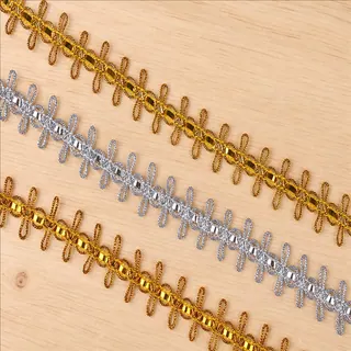 Gold and silver scalloped loops decorative trim — Photographed decorative trim sample; verify colour and construction with a physical sample