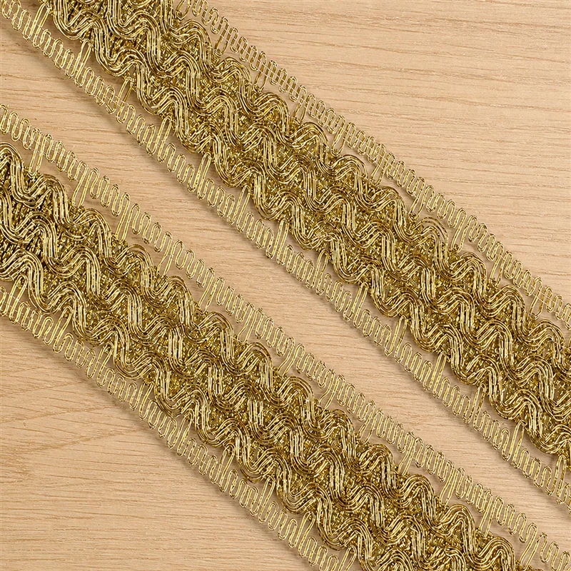 Gold tone textured braid decorative trim — Photographed decorative trim sample; verify colour and construction with a physical sample