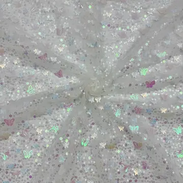 Iridescent Butterfly Sequin Mesh Fabric — Sample draped for visual reference