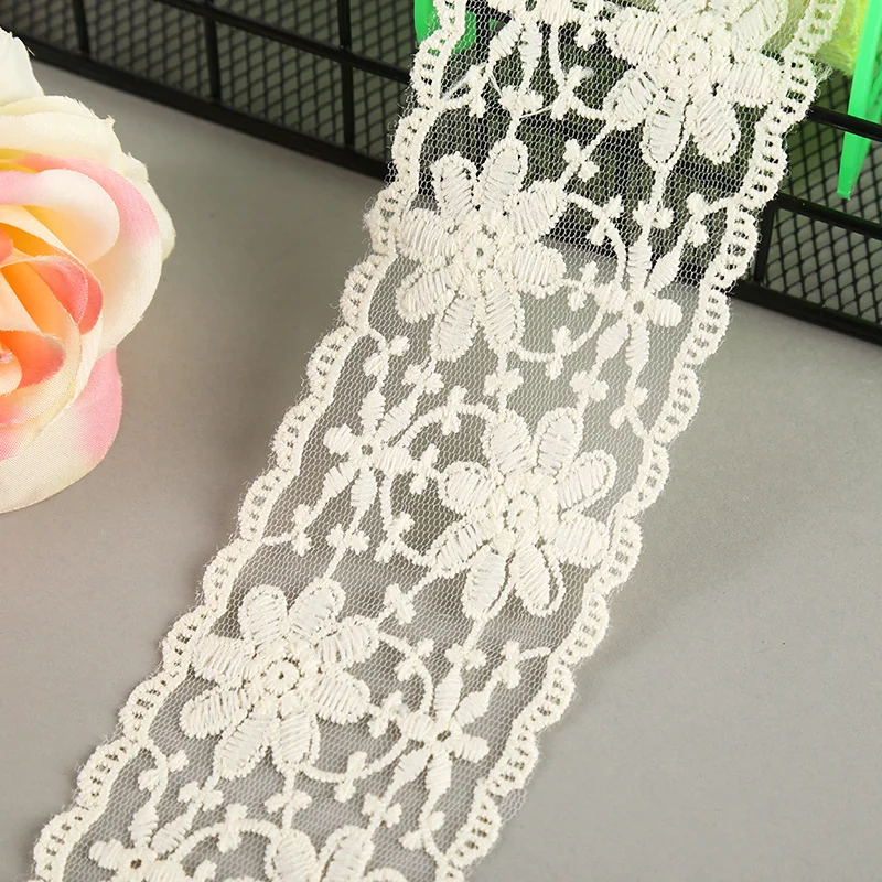 Ivory mixed flowers lace trim — Photographed decorative trim sample; verify colour and construction with a physical sample