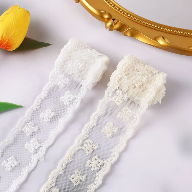 Ivory Mesh Flower Loop Border — Photographed decorative trim sample; verify colour and construction with a physical sample