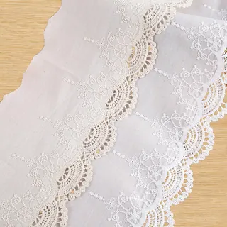 Ivory scalloped flower openwork trim — Photographed decorative trim sample; verify colour and construction with a physical sample