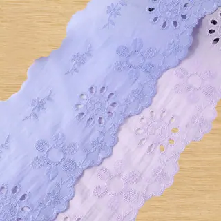 Lavender scalloped eyelets openwork trim — Photographed decorative trim sample; verify colour and construction with a physical sample