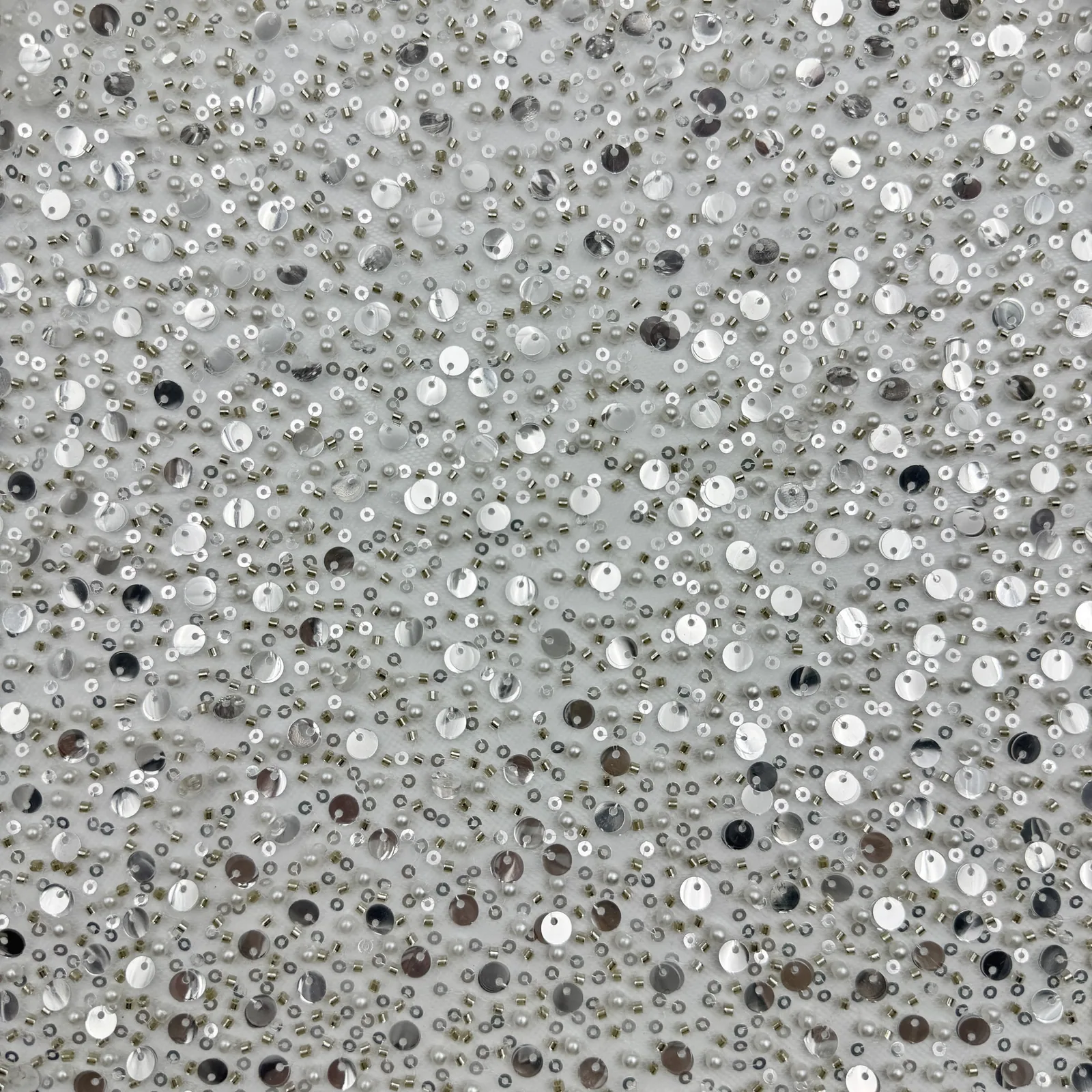 Layered Bead and Disc Sequin Fabric — Overall sample and pattern view
