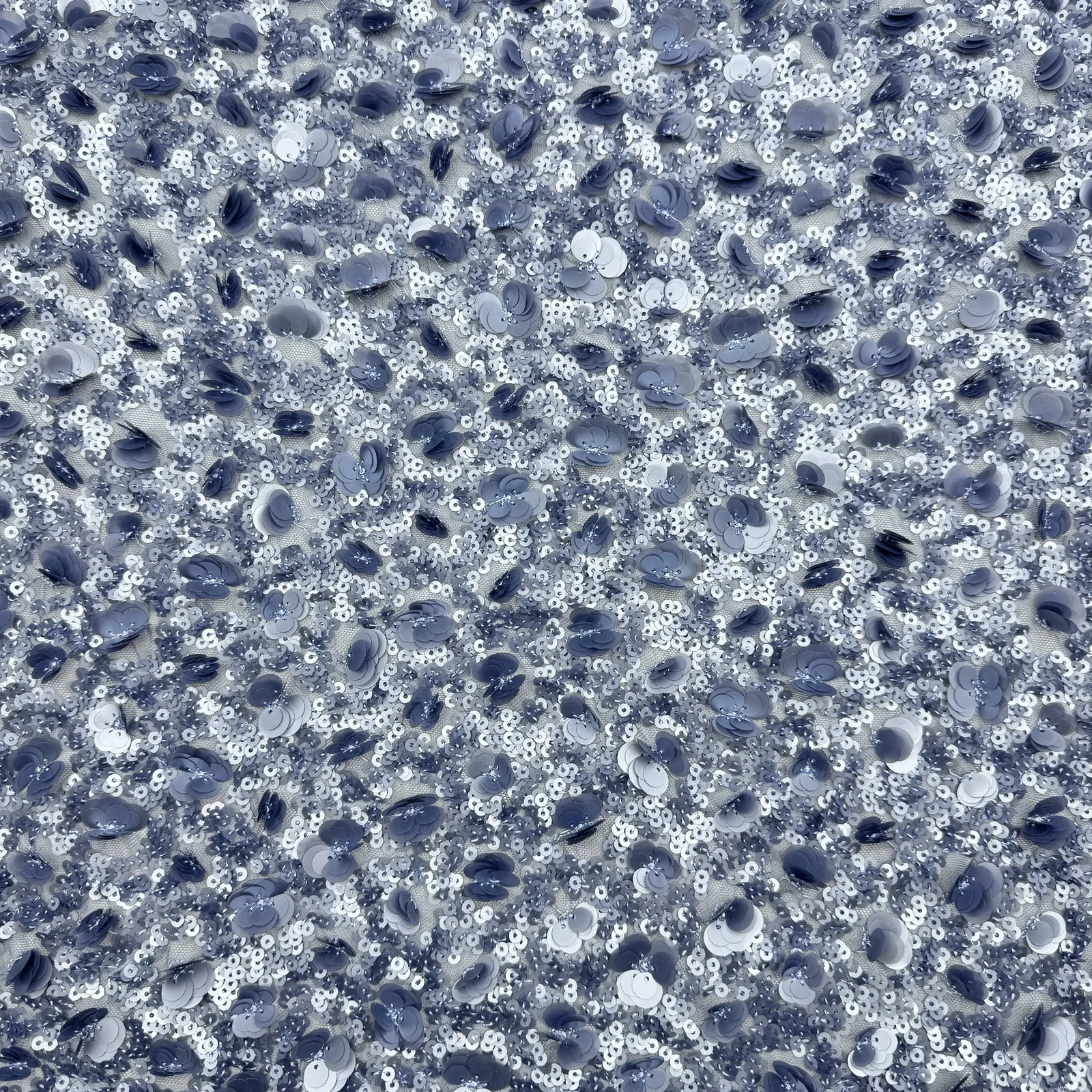 Layered Floral Disc Sequin Fabric — Overall sample and pattern view