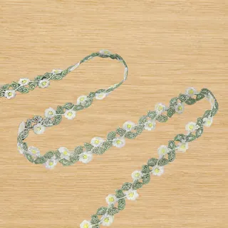 Mint rose lace trim — Photographed decorative trim sample; verify colour and construction with a physical sample
