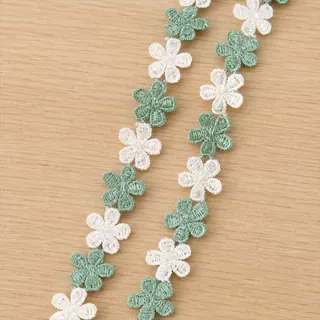 Mint and White Daisy Chain Trim — Photographed decorative trim sample; verify colour and construction with a physical sample