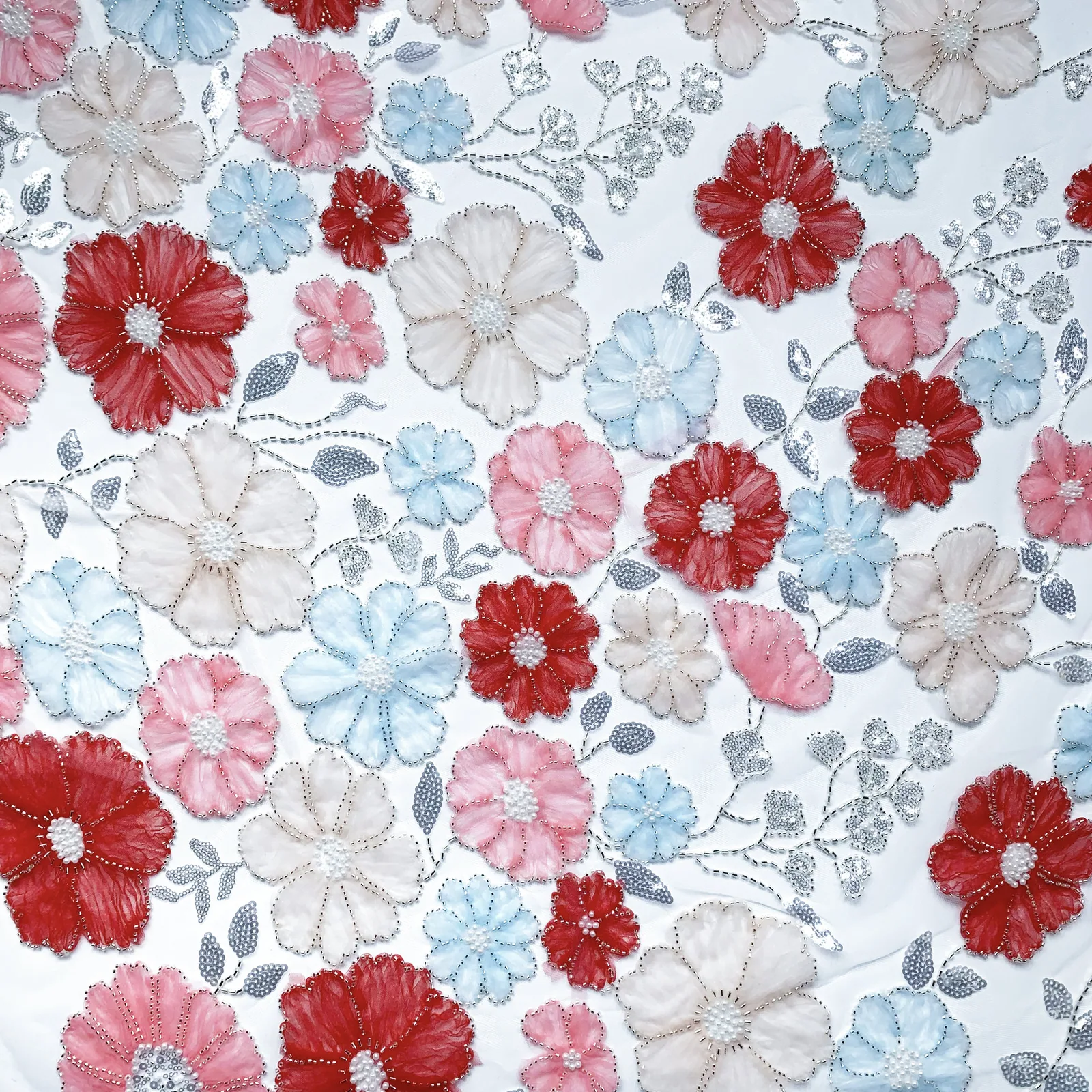 Multicolour Floral Embellished Tulle on White Mesh