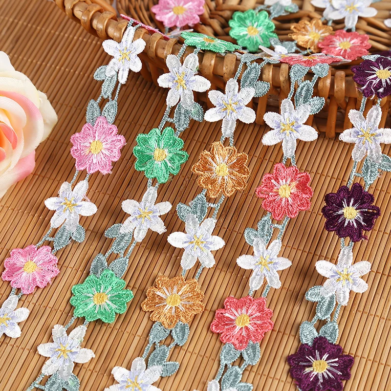 Multicolour hanging daisies lace trim — Photographed decorative trim sample; verify colour and construction with a physical sample