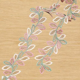 Multicolour leaf vine lace trim — Photographed decorative trim sample; verify colour and construction with a physical sample