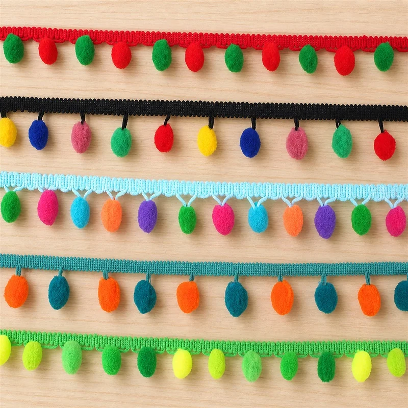 Multicolour pom-pom ladder trim — Photographed decorative trim sample; verify colour and construction with a physical sample
