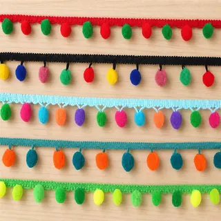 Multicolour pom-pom ladder trim — Photographed decorative trim sample; verify colour and construction with a physical sample