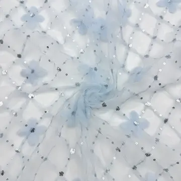 Pale Blue Diamond Floral Sequin Mesh — Sample draped for visual reference