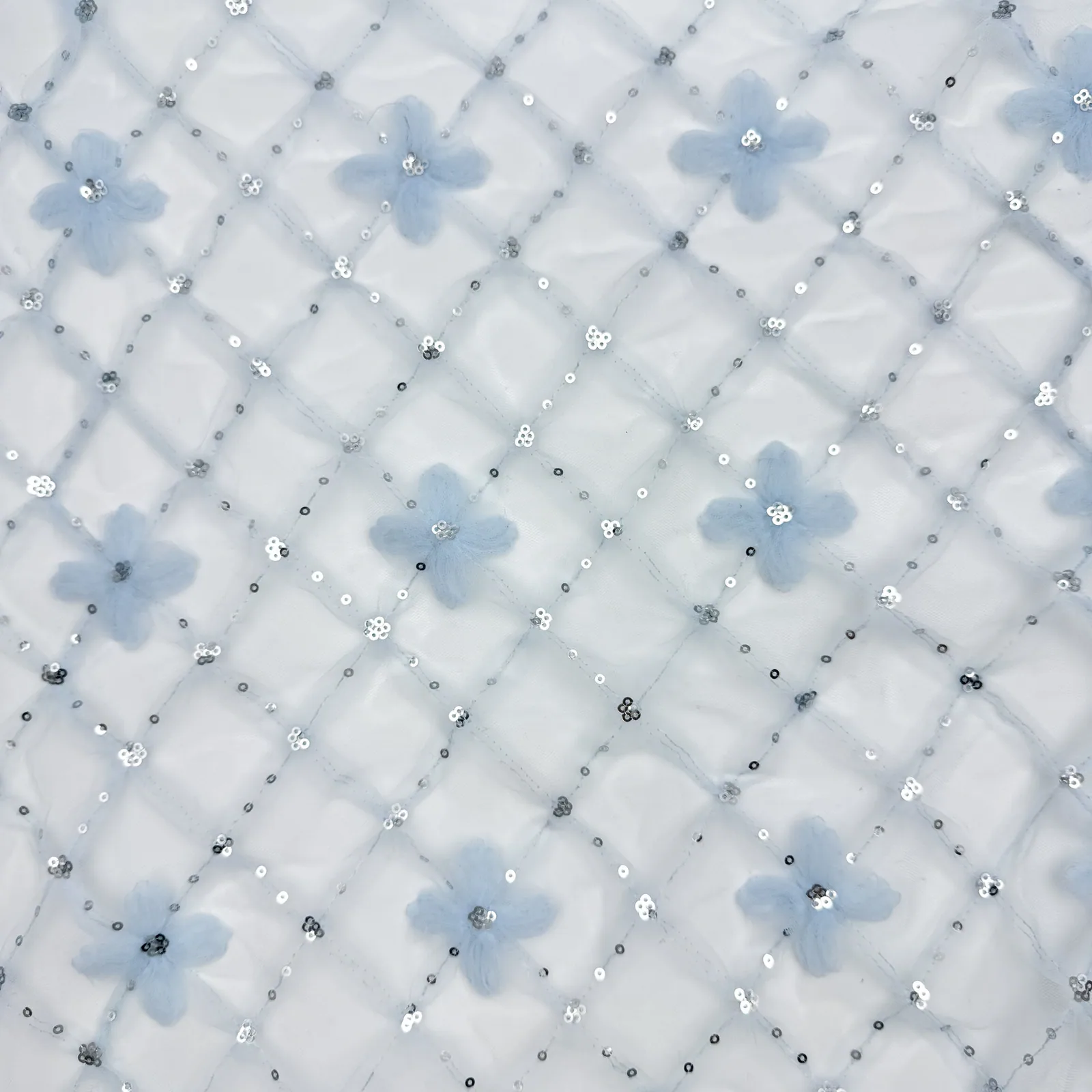 Pale Blue Diamond Floral Sequin Mesh