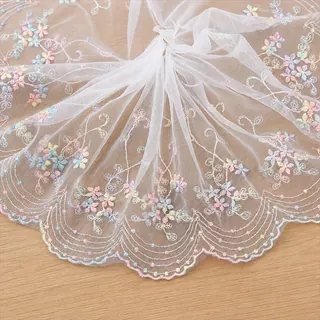 Pastel Garland Tulle Scallop Border — Photographed decorative trim sample; verify colour and construction with a physical sample
