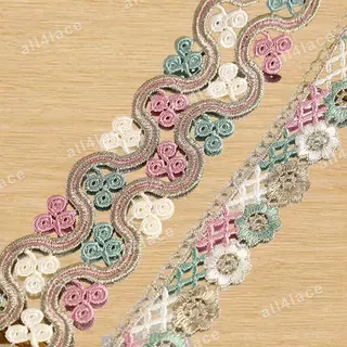 Soft pastel scrolling flowers lace trim