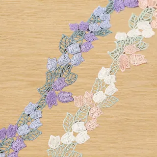 Pastel Tulip Leaf Vine Lace Trim — Photographed decorative trim sample; verify colour and construction with a physical sample