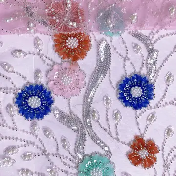Pink Mesh Multicolour Floral Embellished Fabric — Close-up of the photographed surface